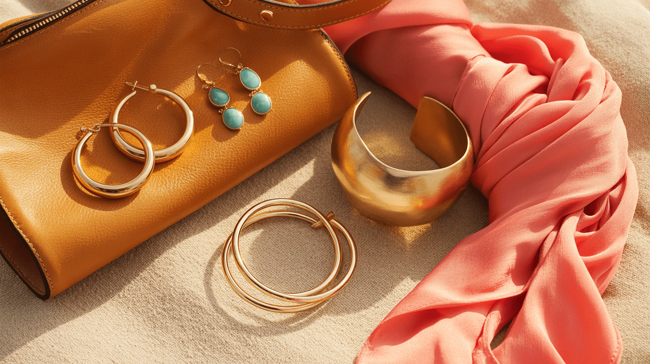 Flat lay of accessories for women over 70 including gold earrings turquoise drops coral scarf and tan handbag on sandy linen