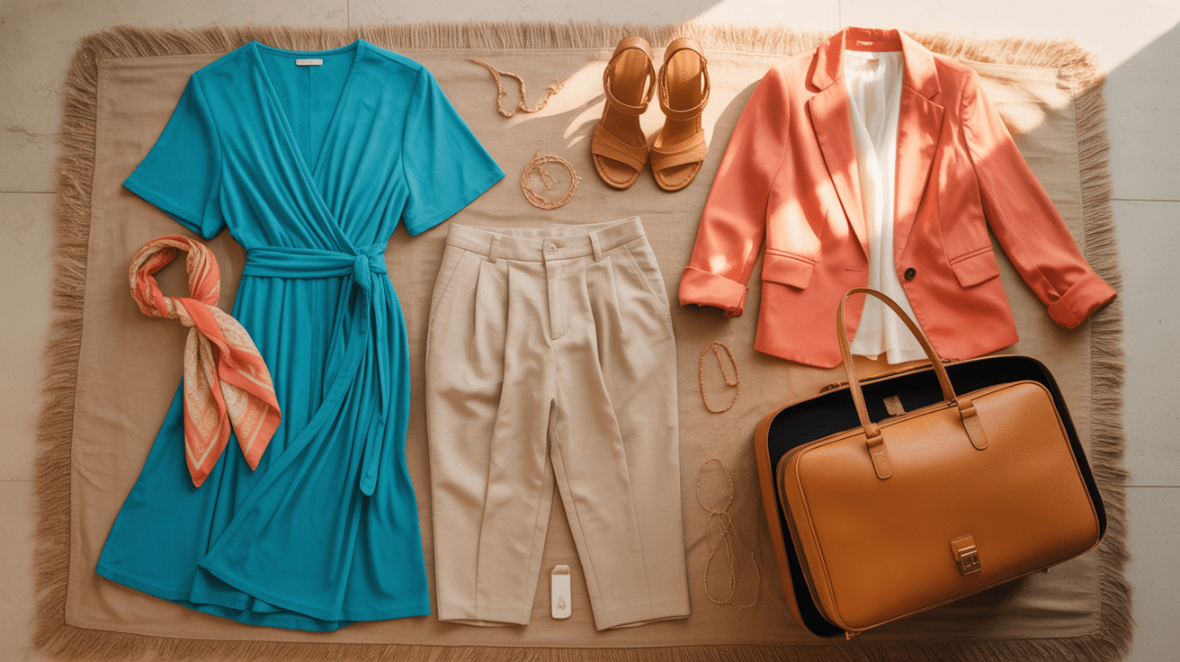 Flat lay travel wardrobe for women over 70 with turquoise dress coral blazer beige trousers tan sandals and gold jewelry beside a travel bag on sand