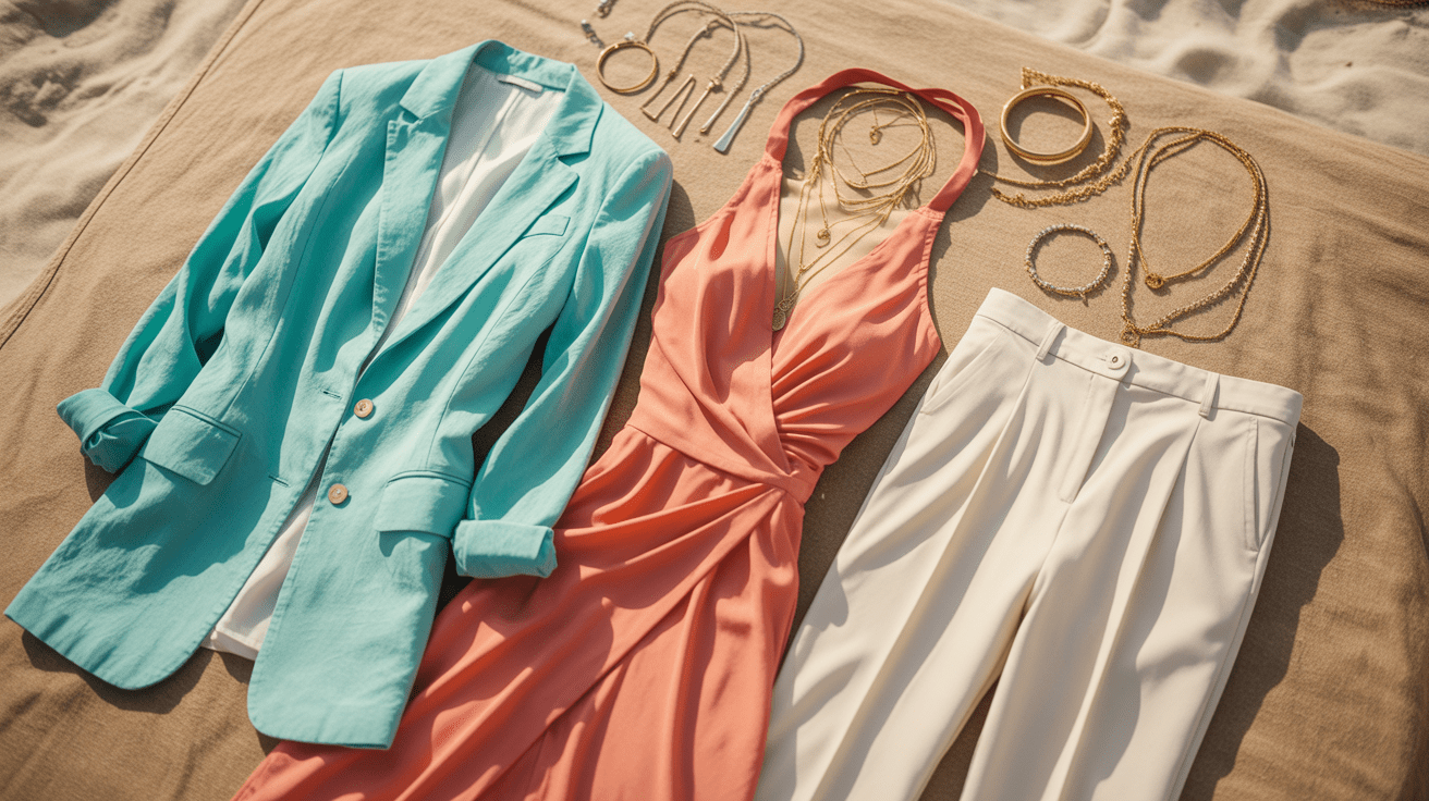 Curated wardrobe capsule flat lay for women over 70 with turquoise blazer coral dress white trousers and gold jewelry on sandy linen