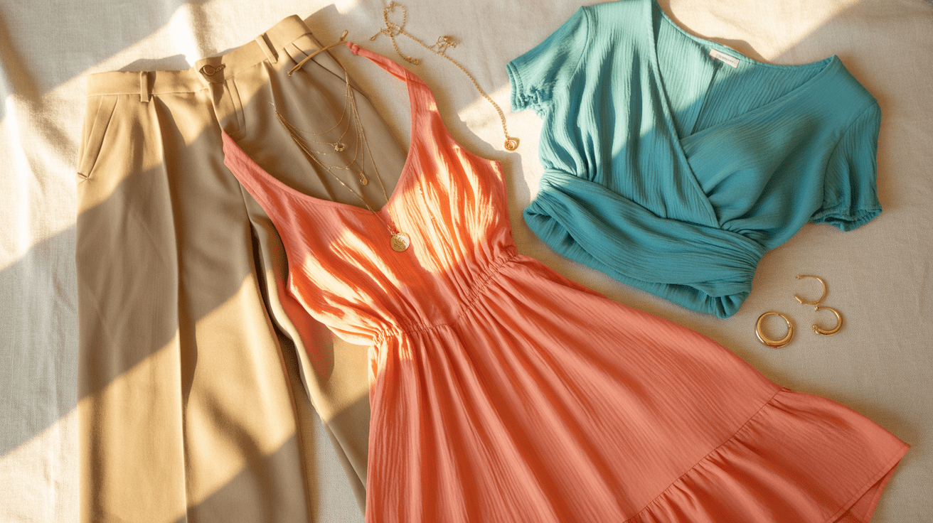 Flat lay of flattering outfits for dressing for your body in your 70s with coral dress turquoise wrap top and sandy beige skirt on linen