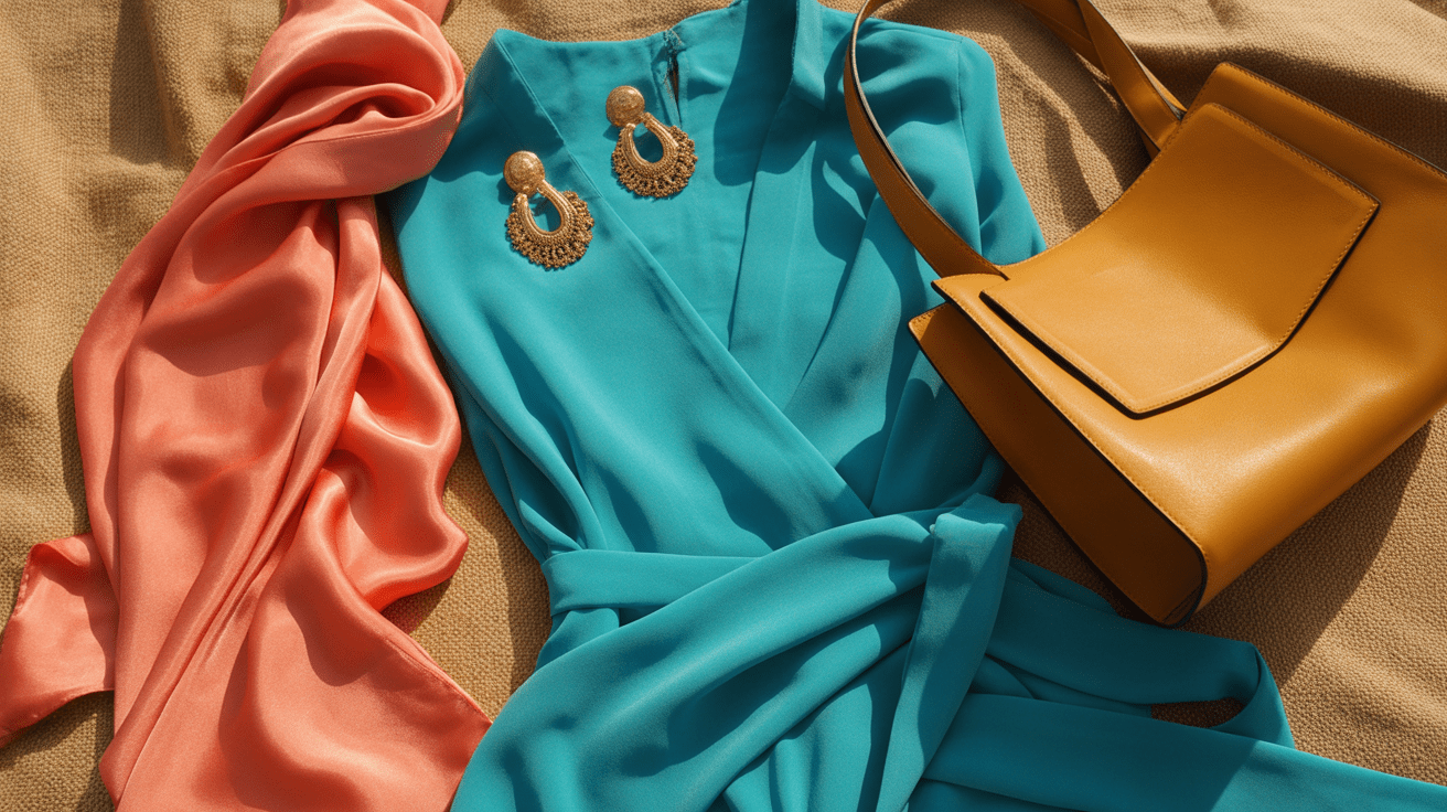 Flat lay of confidence style for women over 70 with turquoise wrap dress coral scarf gold earrings and tan handbag on sandy linen