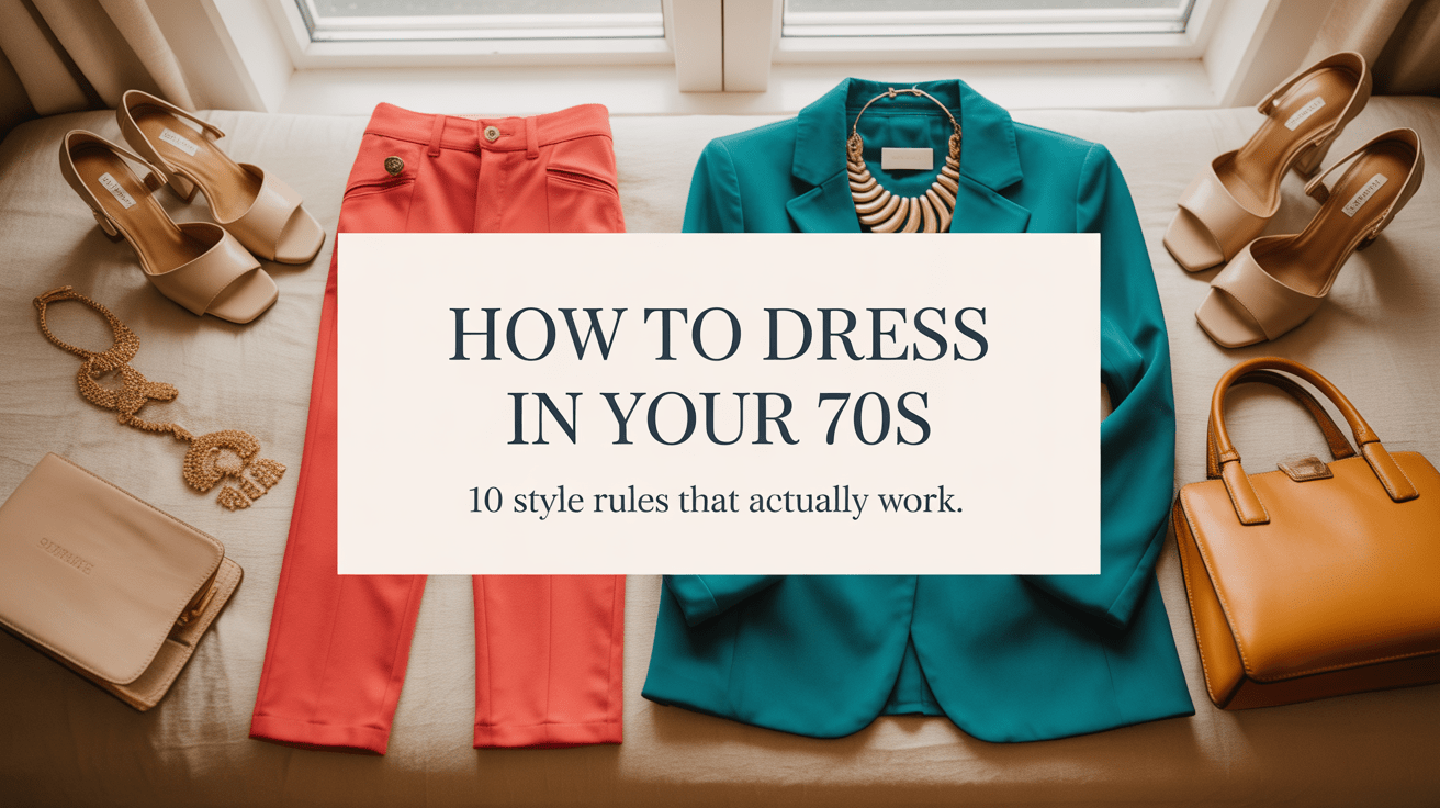 Flat lay of coral pants, teal blazer, gold jewelry, tan handbag and nude heels styled for women in their 70s with text overlay how to dress in your 70s