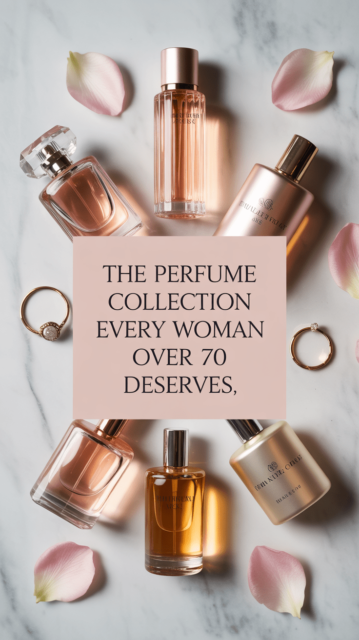 Five luxury perfume bottles arranged as an elegant perfume collection on a white marble surface with pink rose petals and warm golden light for a beauty guide for women over 70