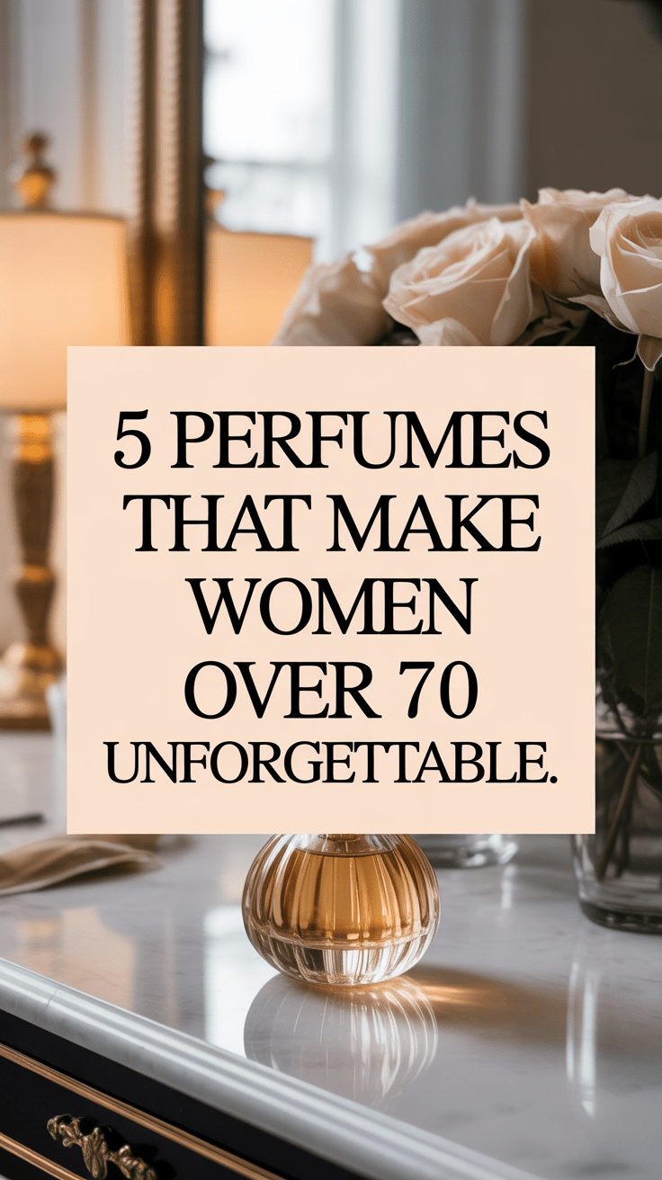 Close-up of a crystal perfume bottle on a marble vanity with soft roses in the background and text overlay reading 5 Perfumes That Make Women Over 70 Unforgettable for the post 5 Perfumes That Belong in Every Woman's Collection After 70
