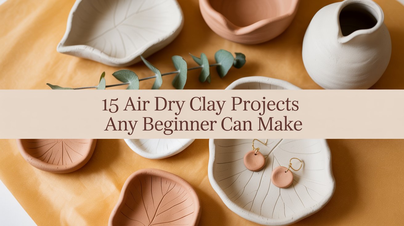 Air dry clay projects displayed including pinch pots and leaf impression dishes for beginners
