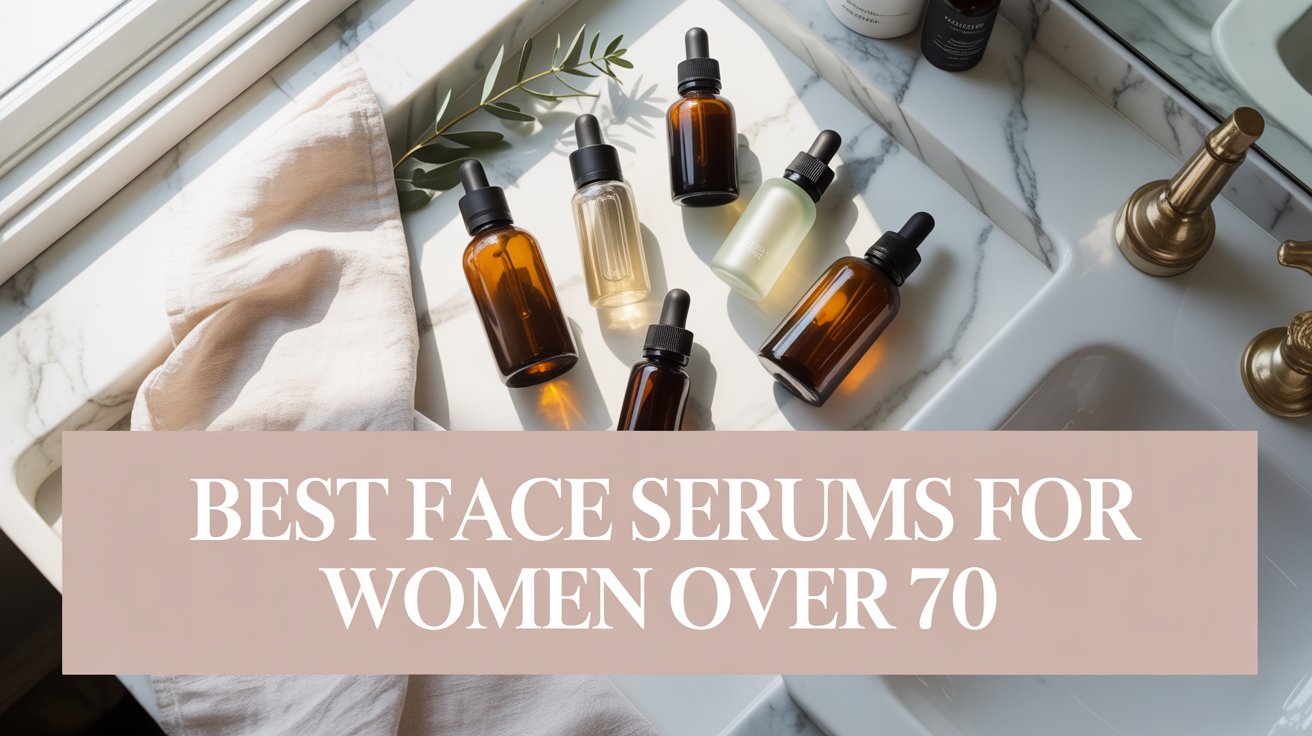 best face serum for women over 70 arranged on marble vanity