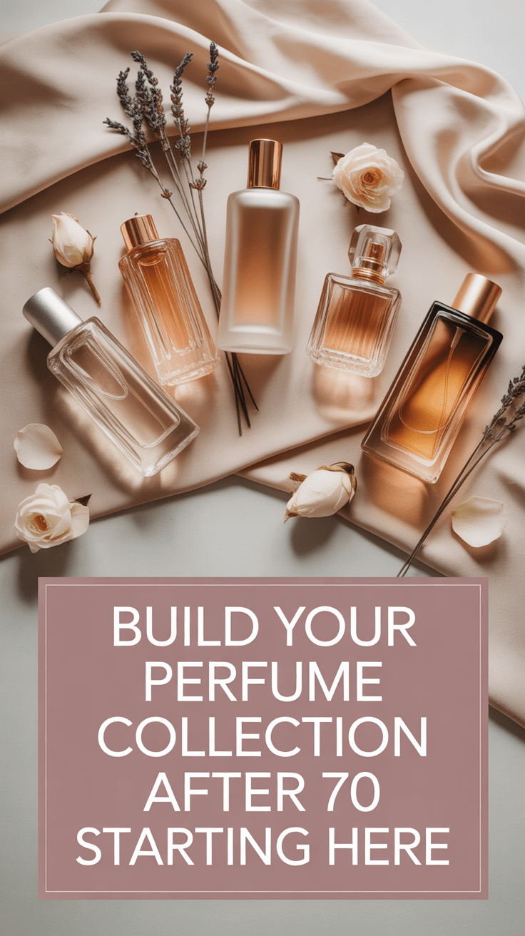 Flat-lay of five perfume bottles on gold silk fabric with lavender and white petals and text overlay reading Build Your Perfume Collection After 70 Starting Here for the post 5 Perfumes That Belong in Every Woman's Collection After 70