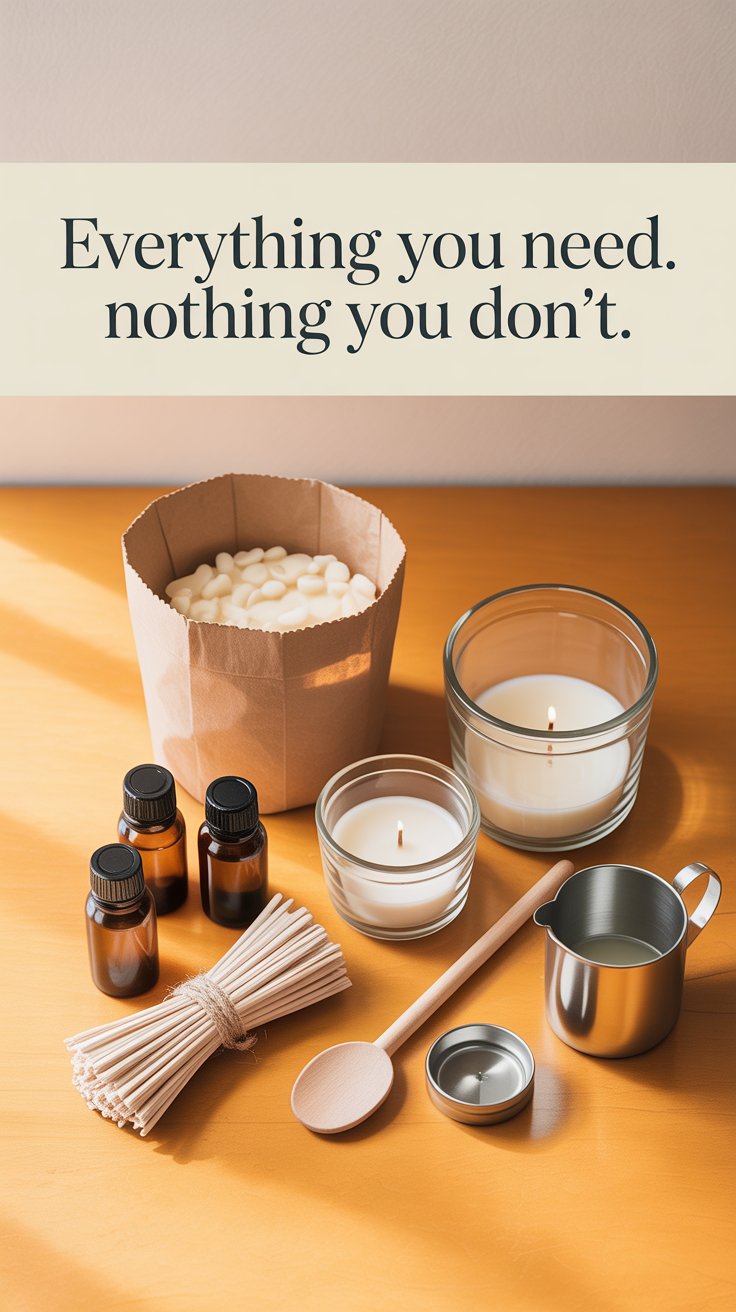 DIY candle making supplies laid out on wood including soy wax, wicks, and fragrance oils