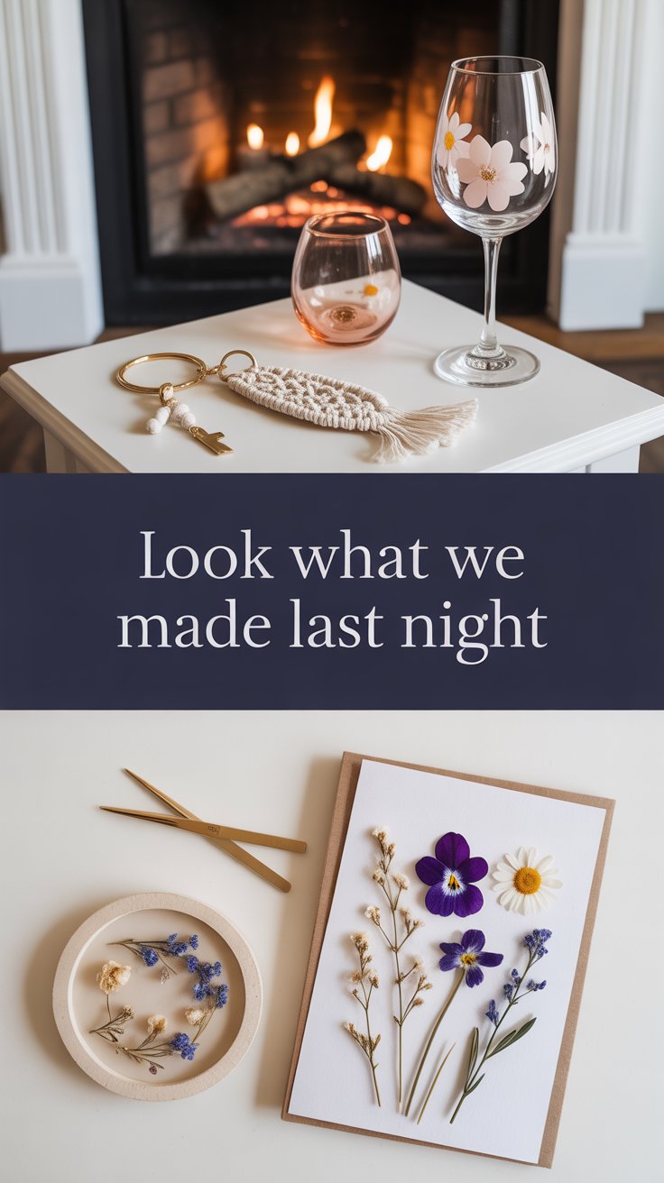DIY night with friends showing completed craft projects and warm gathering atmosphere