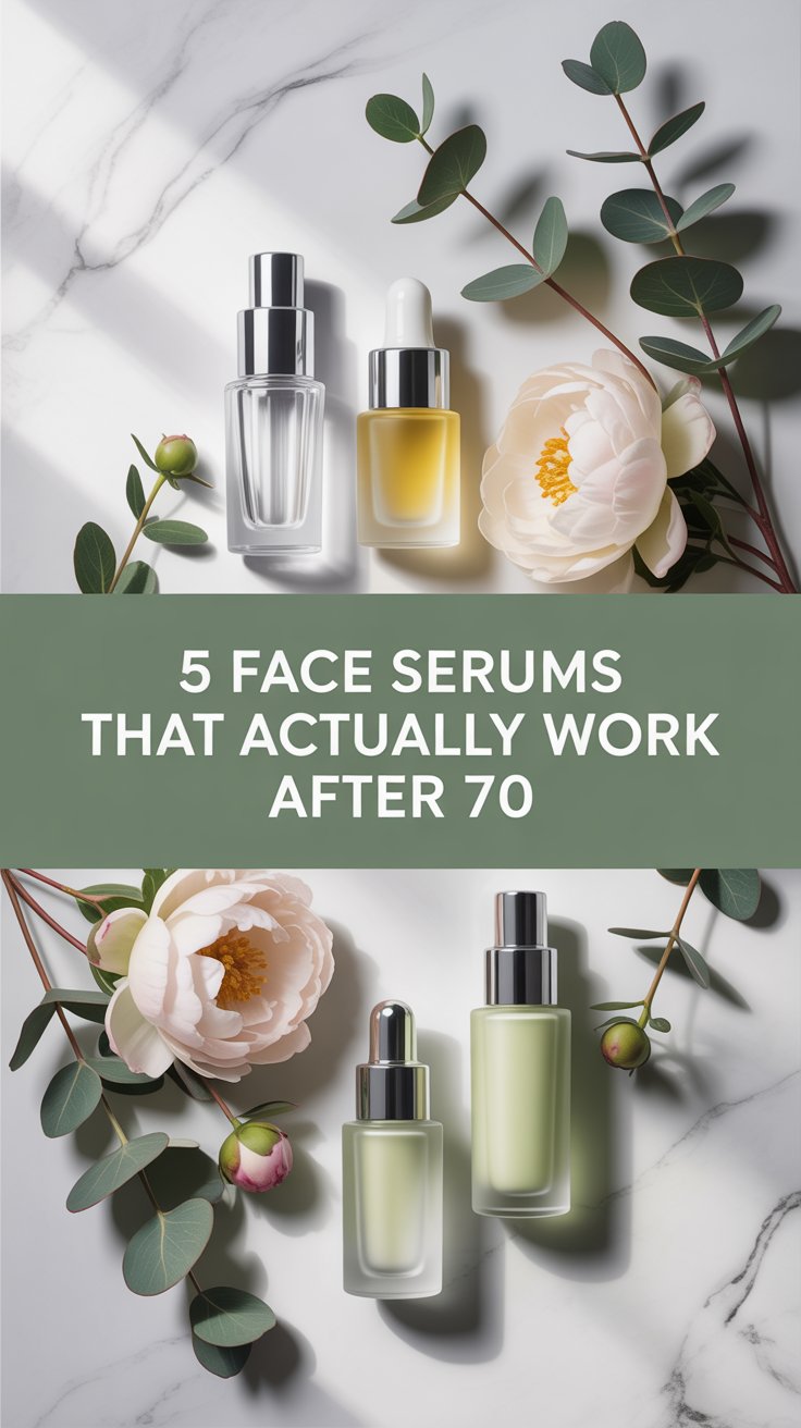 face serums for women over 70 arranged on white marble with white flowers