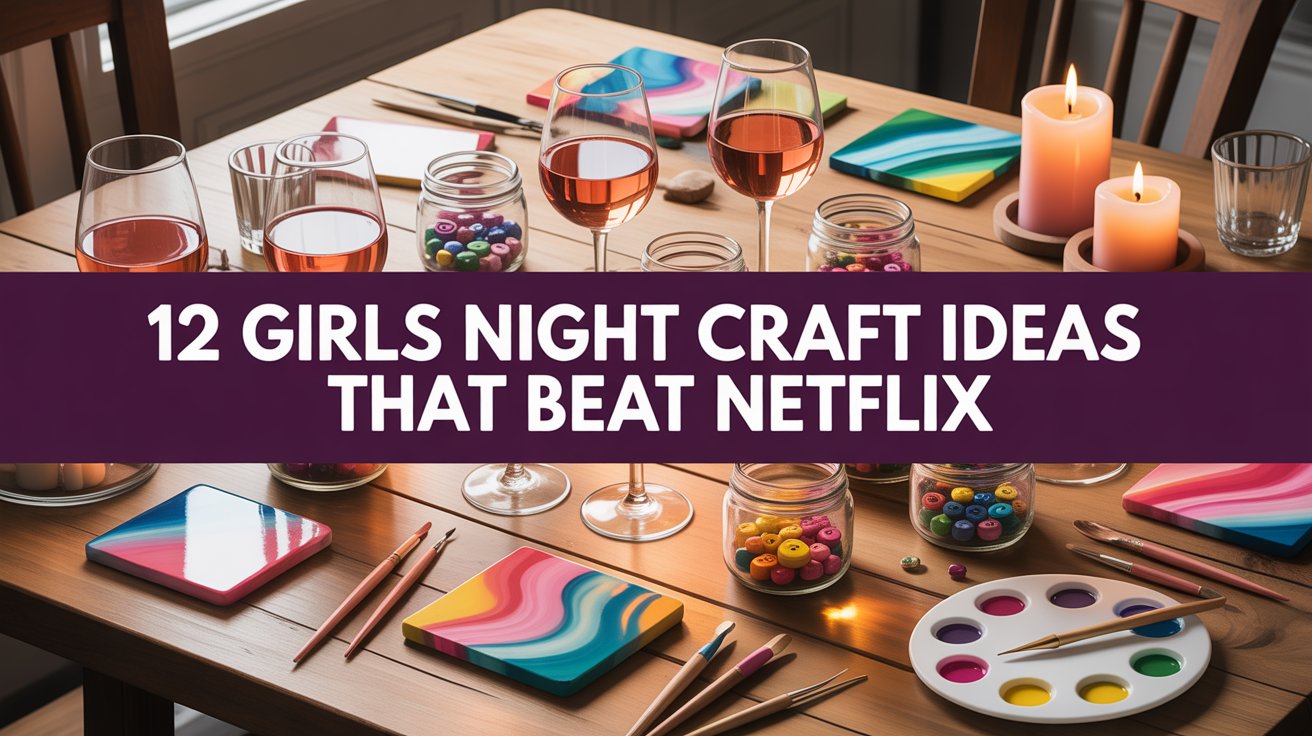 Girls night craft ideas setup on large table with supplies and wine glasses for ladies night