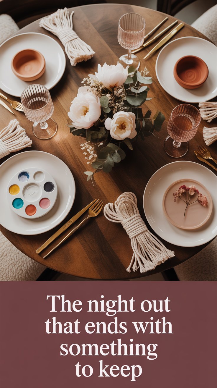 Ladies craft night setup with craft supplies, wine glasses and finished projects on table