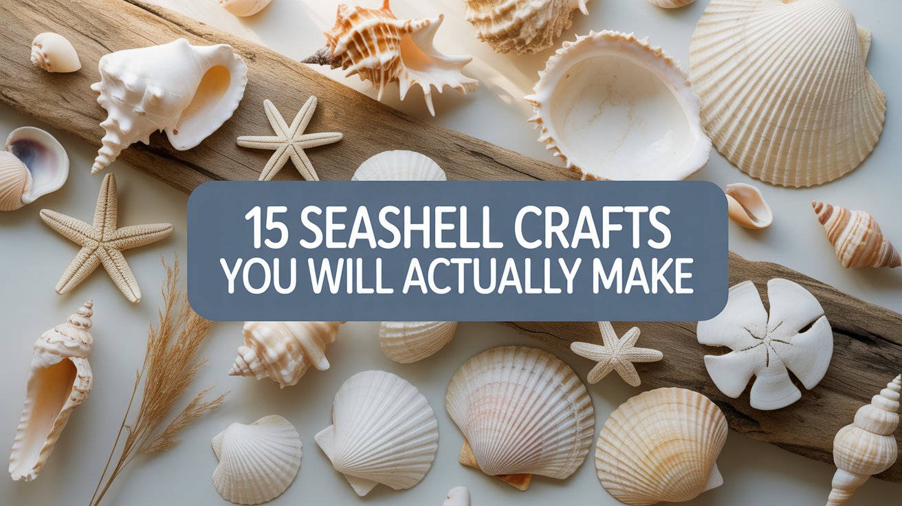 Beautiful seashell crafts arranged on driftwood with text overlay showing 15 ideas for women