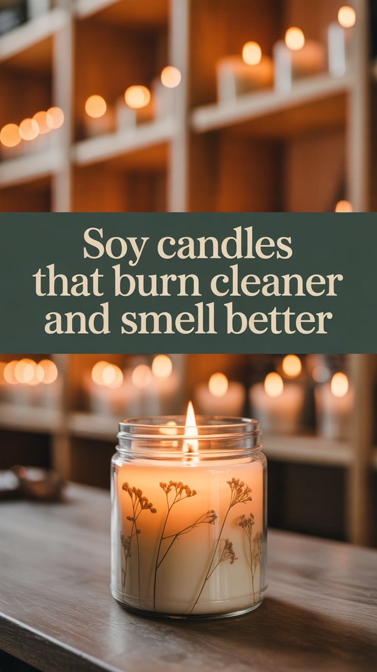 Soy candle recipes with botanical ingredients and finished candles in glass jars lit with warm glow