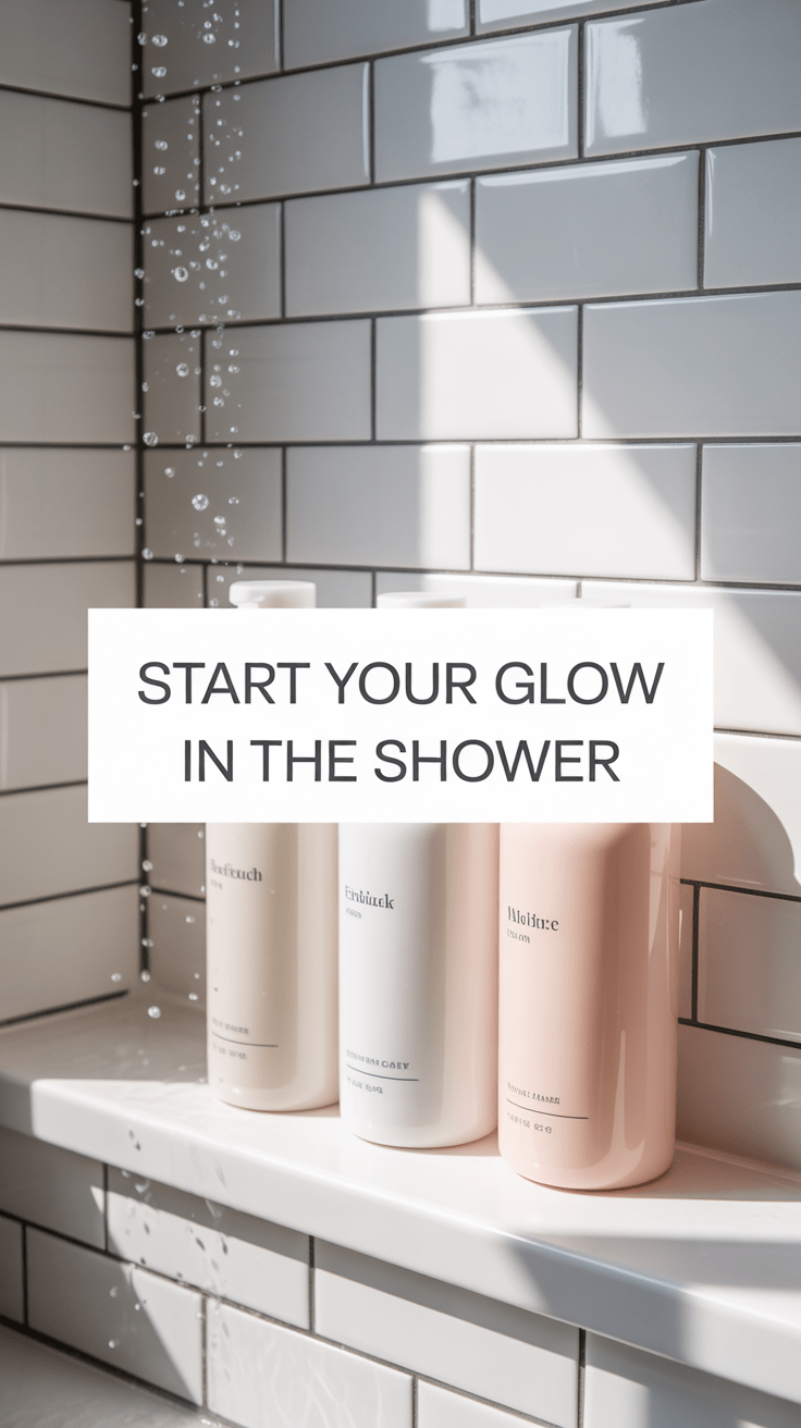 shower skin careClean spa-like shower shelf with body wash and lotion bottles on white tile with text overlay reading Start Your Glow In The Shower