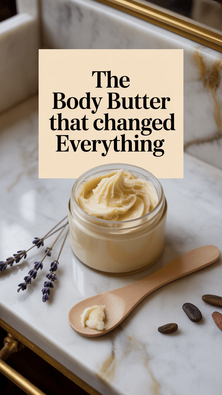 body butterOpen glass jar of whipped body butter on a marble vanity with cocoa beans and lavender with text overlay reading The Body Butter That Changed Everything