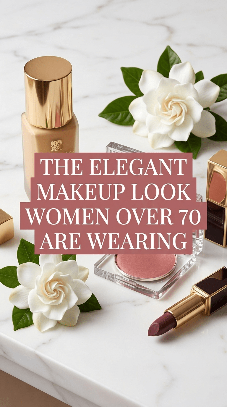Elegant makeup products arranged on a white marble vanity for women over 70