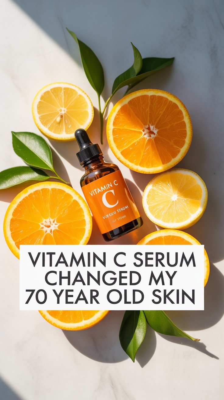 vitamin c serum bottle surrounded by fresh citrus on white marble for mature skin