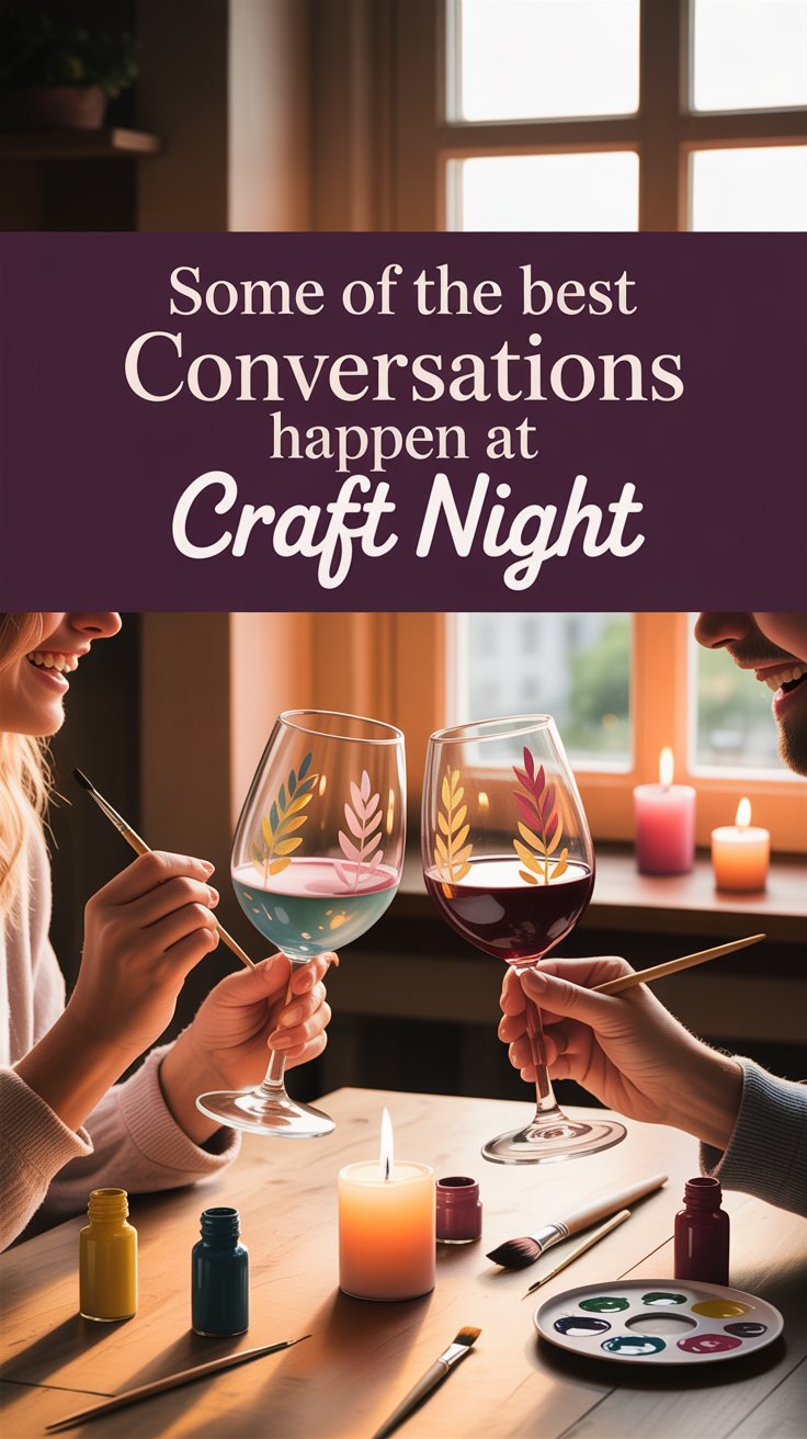 Wine and crafts night with women crafting and wine glasses on a warmly lit table