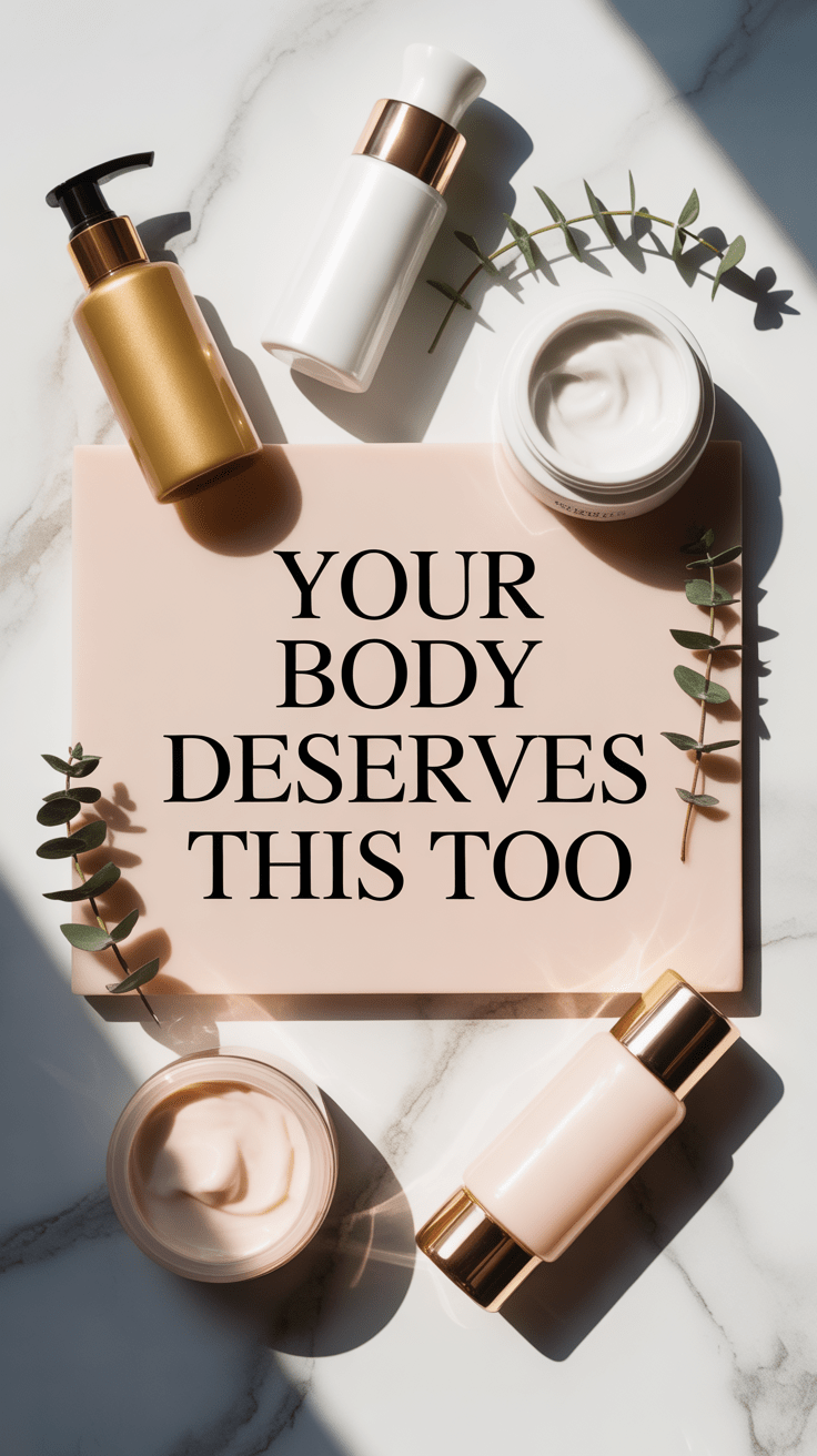 body skin careFlat lay of premium body skin care products on a white marble surface with text overlay reading Your Body Deserves This Too for women over 70