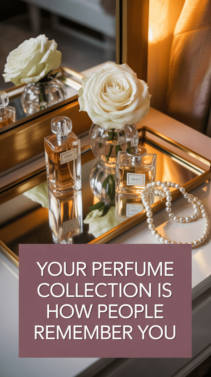 Styled vanity scene with perfume bottles on a mirrored tray beside white roses and a pearl necklace with text overlay reading Your Perfume Collection Is How People Remember You for the post 5 Perfumes That Belong in Every Woman's Collection After 70