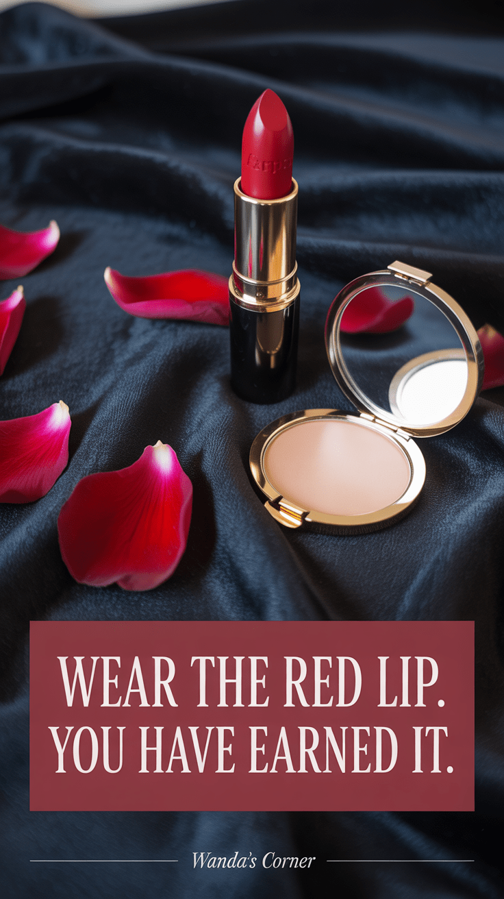 Classic red lipstick standing upright on black velvet with rose petals for women over 70