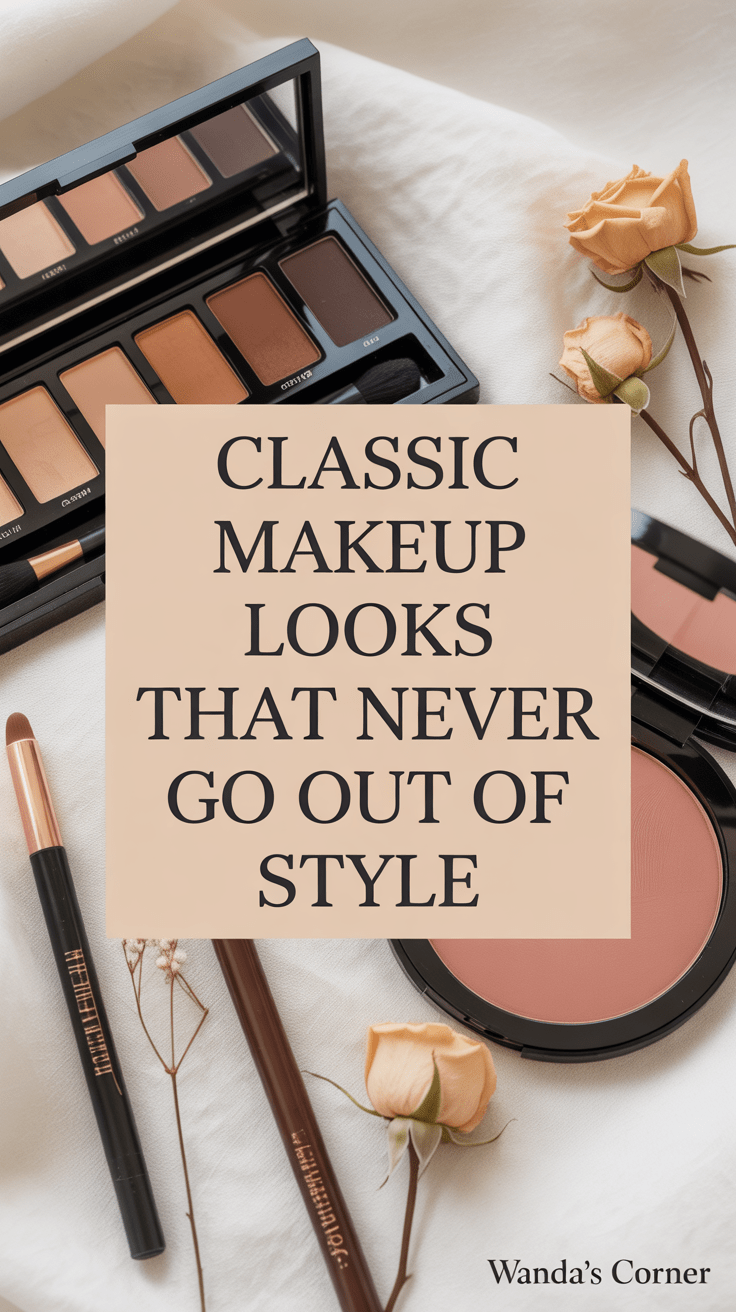 Classic makeup items including eyeshadow palette and blush arranged beside dried roses