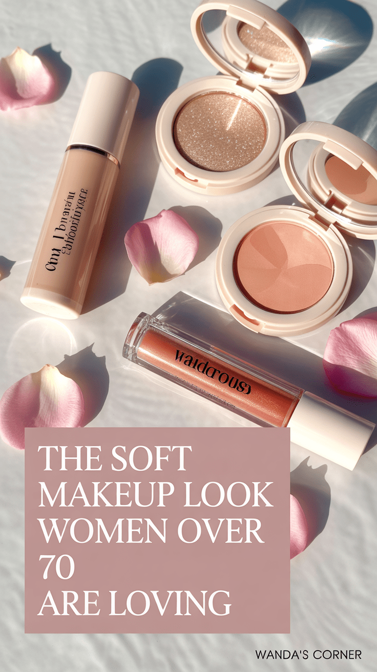Soft makeup products including tinted moisturizer and peachy blush flat lay for women over 70