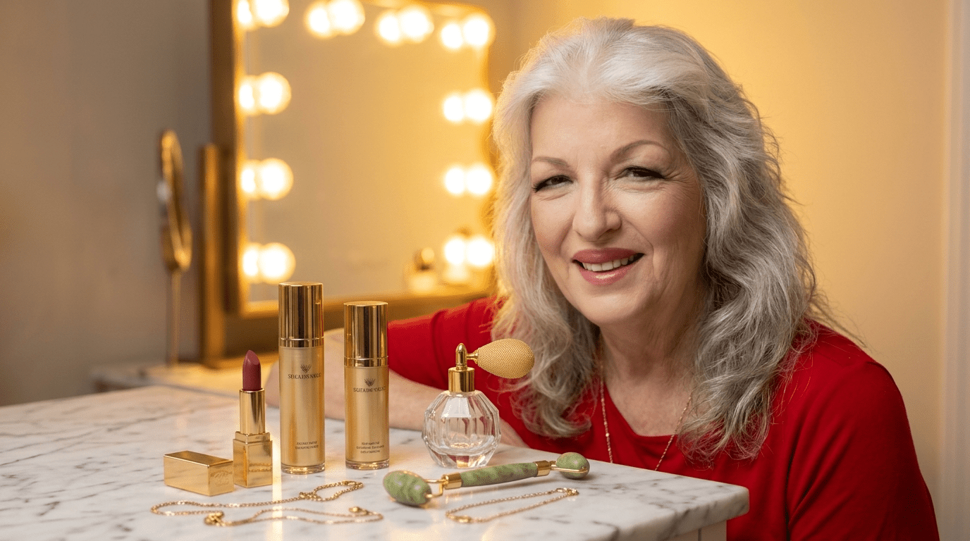Silver haired woman in her 70s at a marble vanity with luxury beauty products including lipstick skincare and perfume for a beauty guide for women over 70