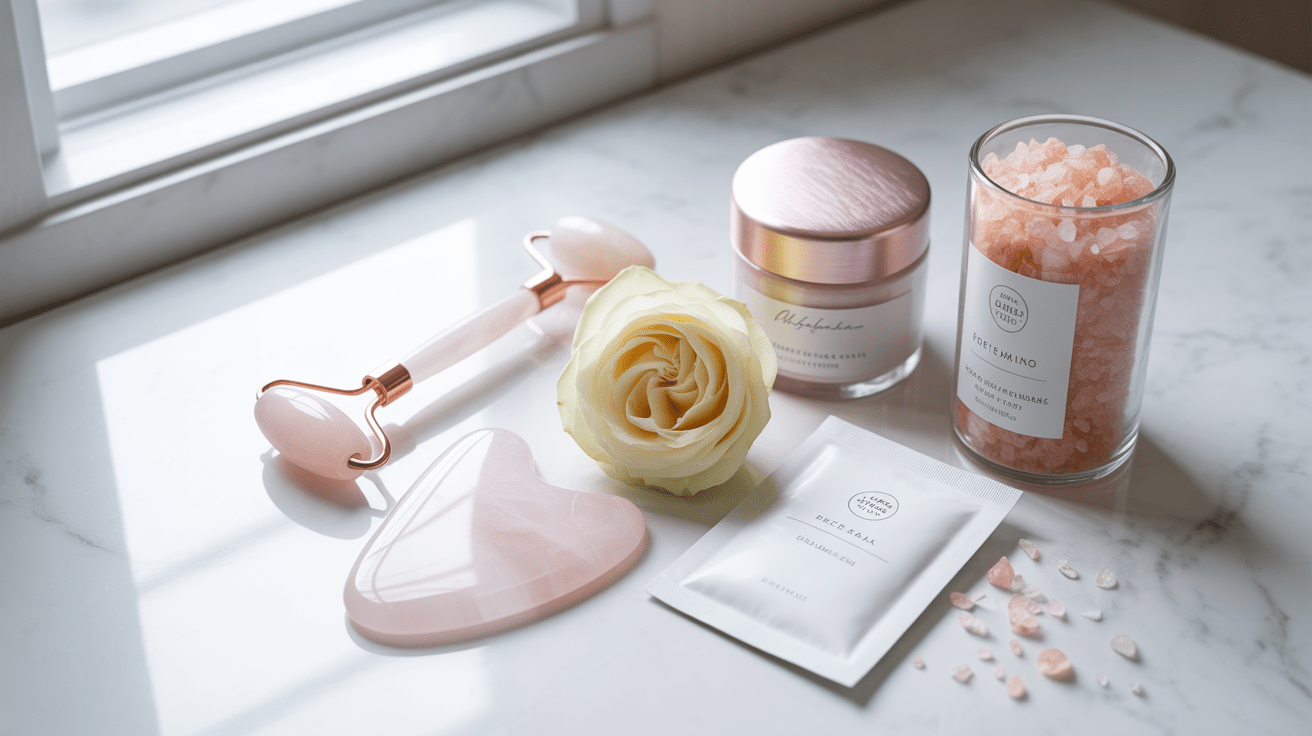Elegant self care essentials for women over 70 including a rose quartz gua sha, ice roller, face cream, and bath salts arranged on a white marble surface with a fresh white rose