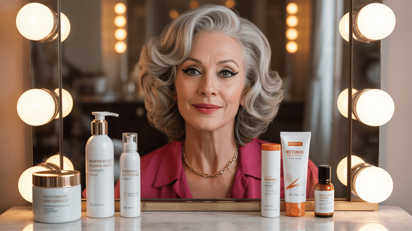 Silver haired woman in her 70s at a marble vanity with luxury skincare products including moisturizer serum and sunscreen for a mature skin care guide