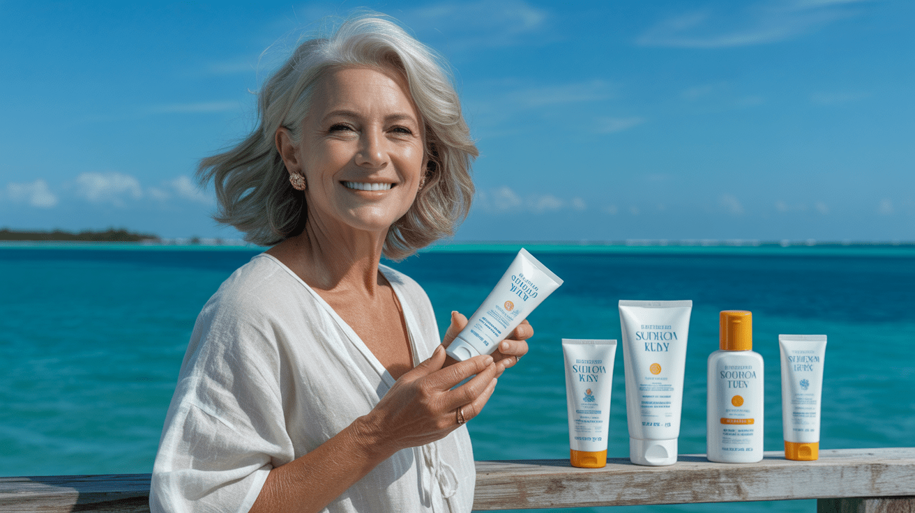 Radiant woman over 70 with silver hair on a sunny coastal dock holding sunscreen with warm turquoise water in the background