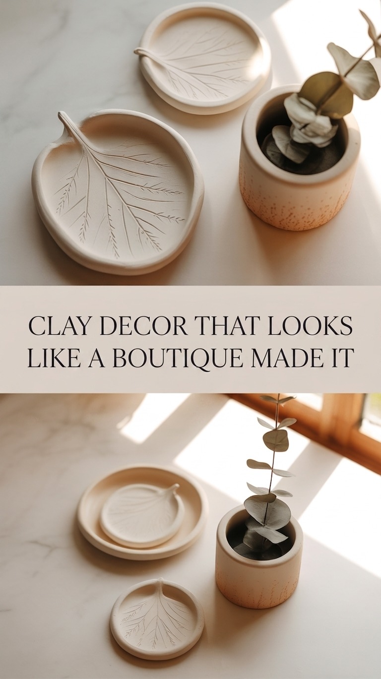 Air dry clay home decor pieces including leaf dish and ring dish on marble surface
