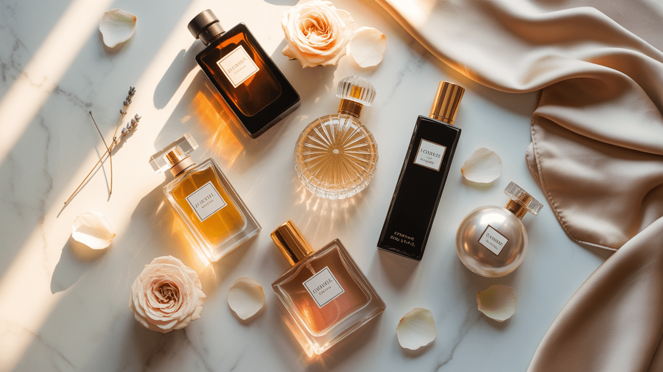 Five luxury perfume bottles arranged as an elegant perfume collection on a white marble surface with pink rose petals and warm golden light for a beauty guide for women over 70