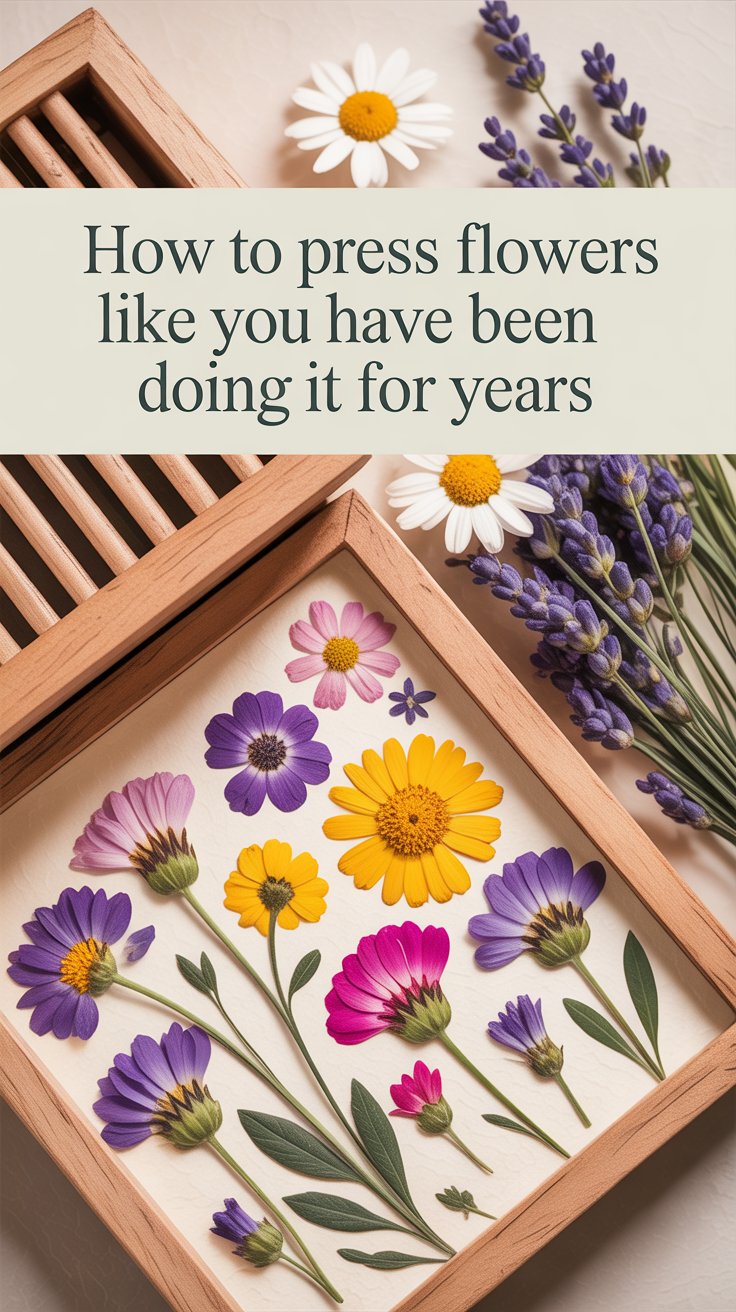 Flower pressing supplies and pressed wildflowers for beginners on a wood surface