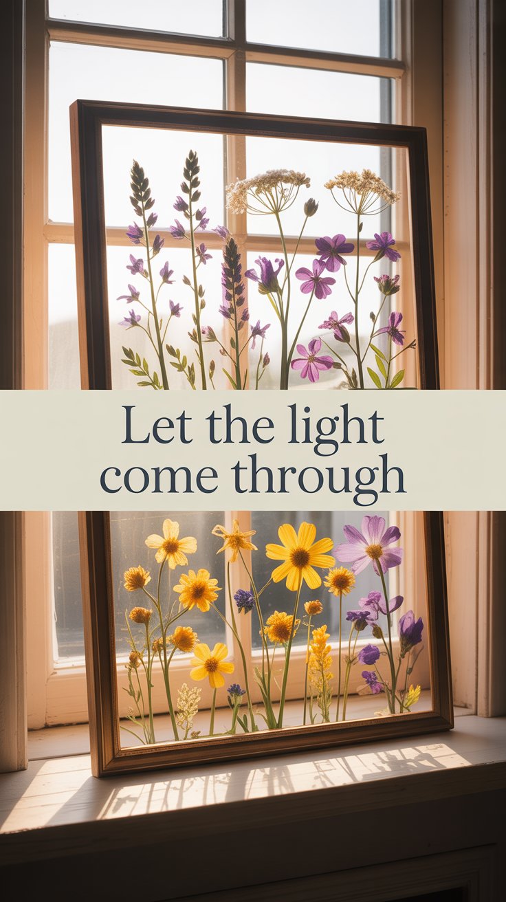 Wildflower art made from pressed garden flowers displayed in layered glass frames on windowsill